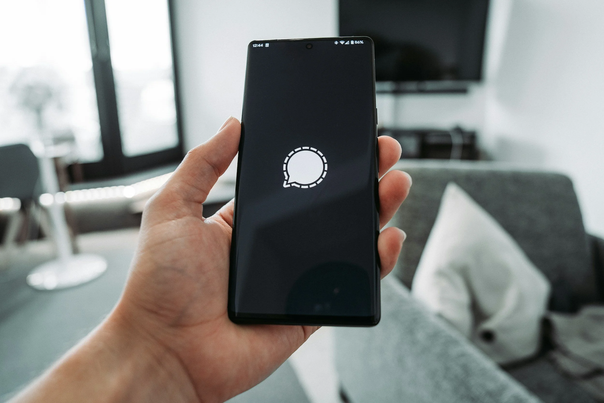 Person holding a smartphone with Signal app loading screen, in a living room setting.