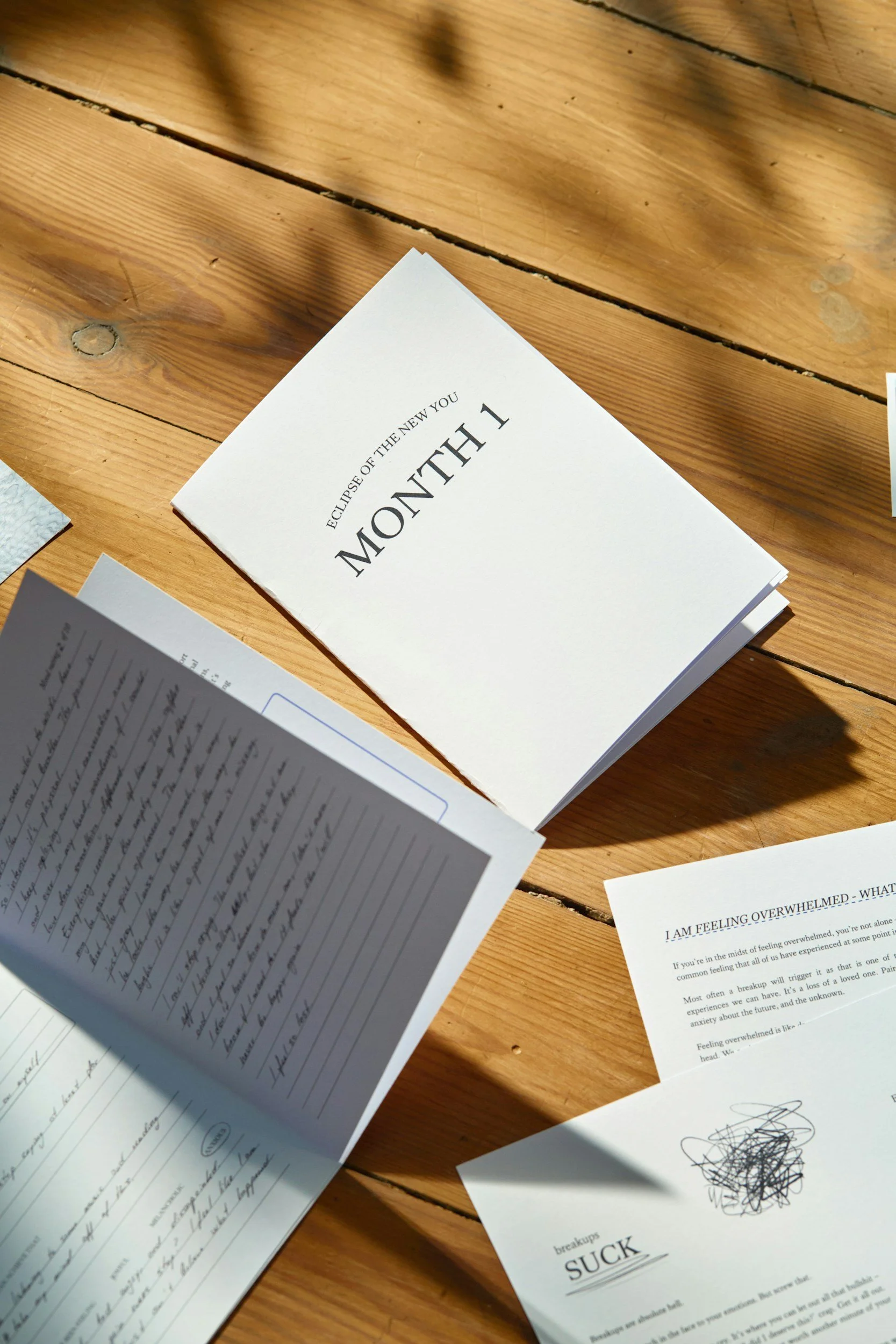 Wooden table with a booklet labeled 'Eclipse of the New You: Month 1' surrounded by various pieces of paper including handwritten notes.