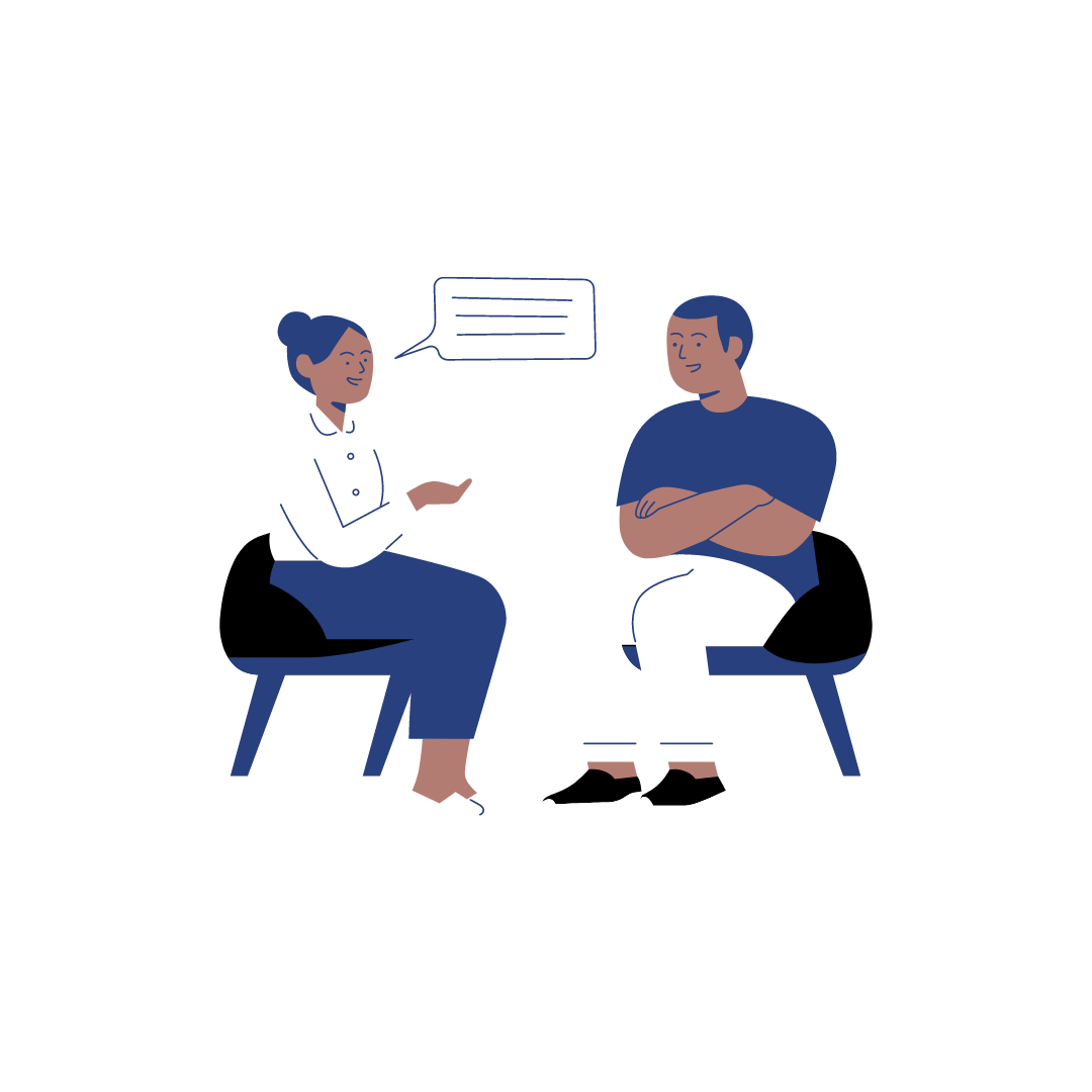 Illustration of two people sitting on chairs and talking, one with a speech bubble.