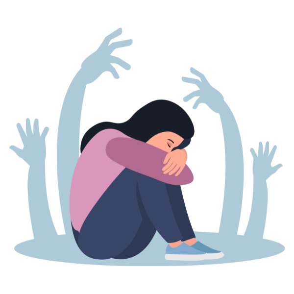Illustration of a sad woman sitting with arms wrapped around knees, surrounded by shadowy hands.