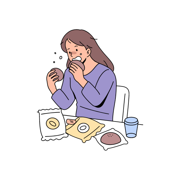 Illustration of a person eating a donut at a table with donut packaging and a cup.