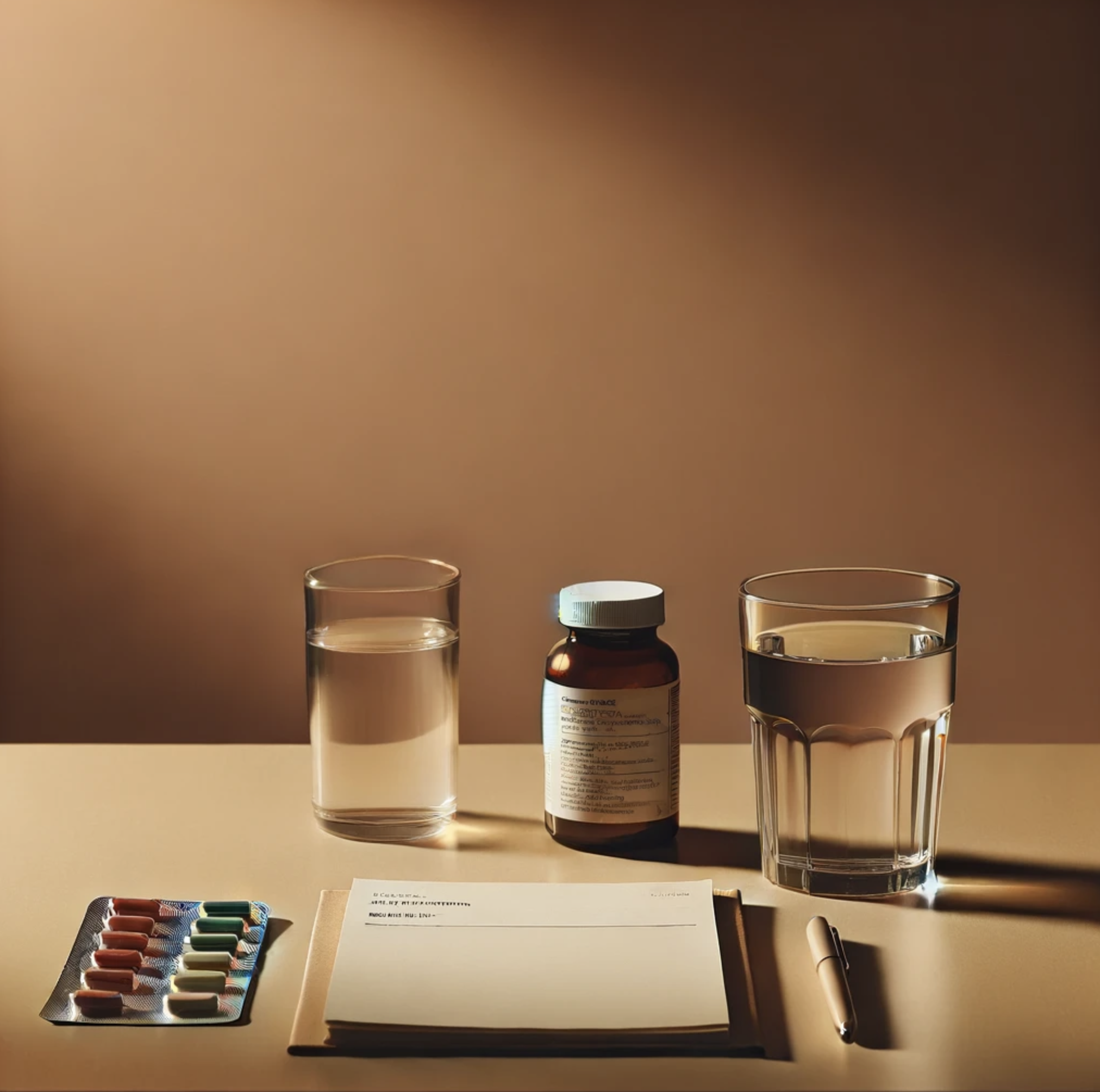 Table with a glass of water, medicine bottle, blister pack of pills, documents, and a pen