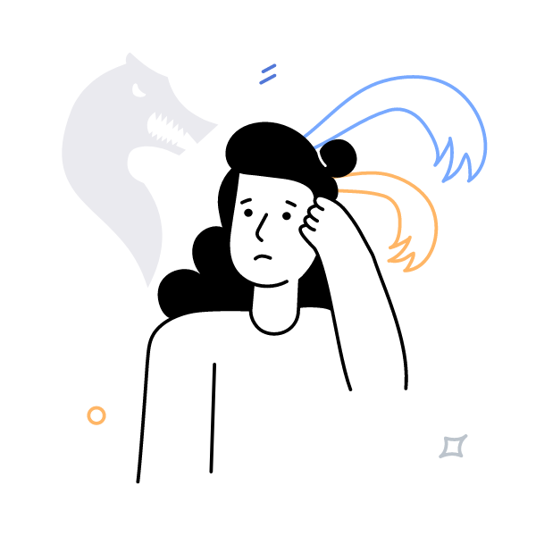 Minimalist illustration of a stylized wolf head in profile, with abstract blue and orange lines resembling waves or motion, and small decorative geometric elements.