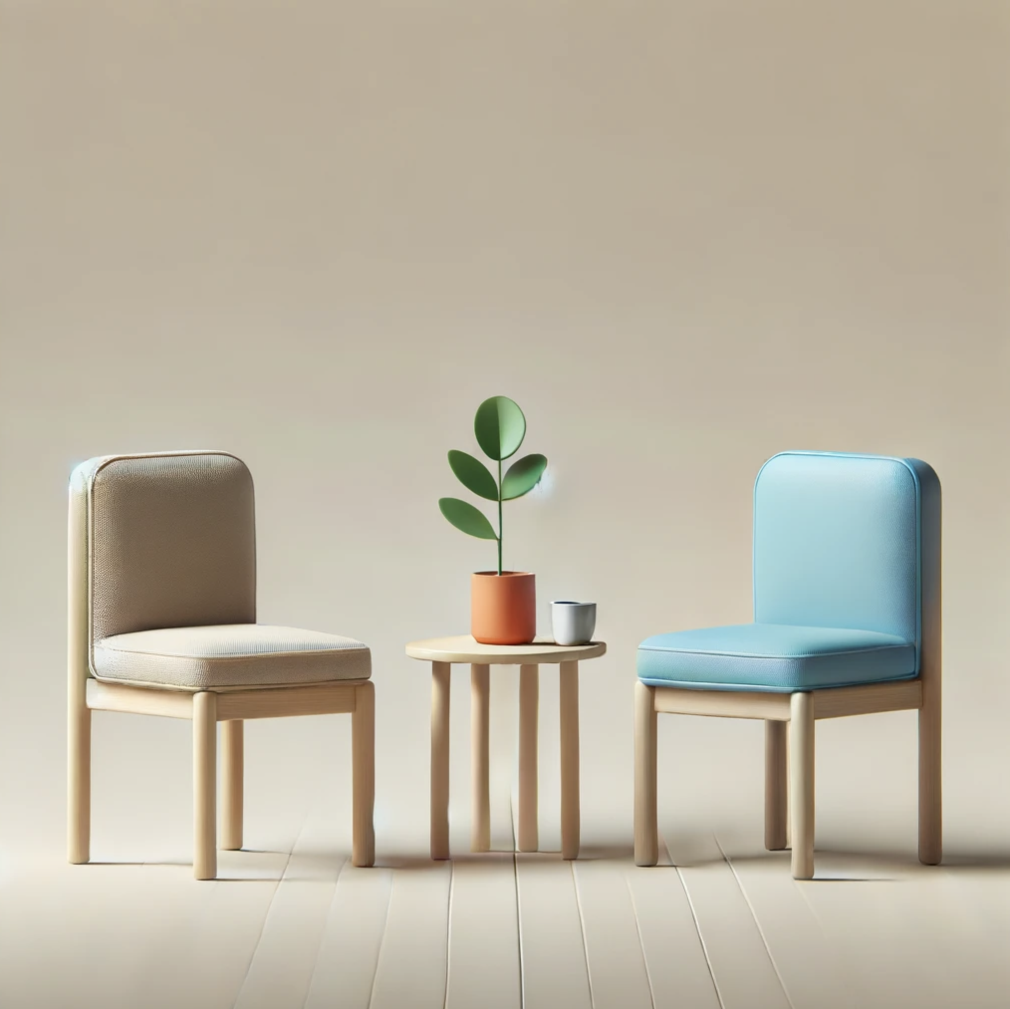 Two chairs and a small round table with a plant and cup