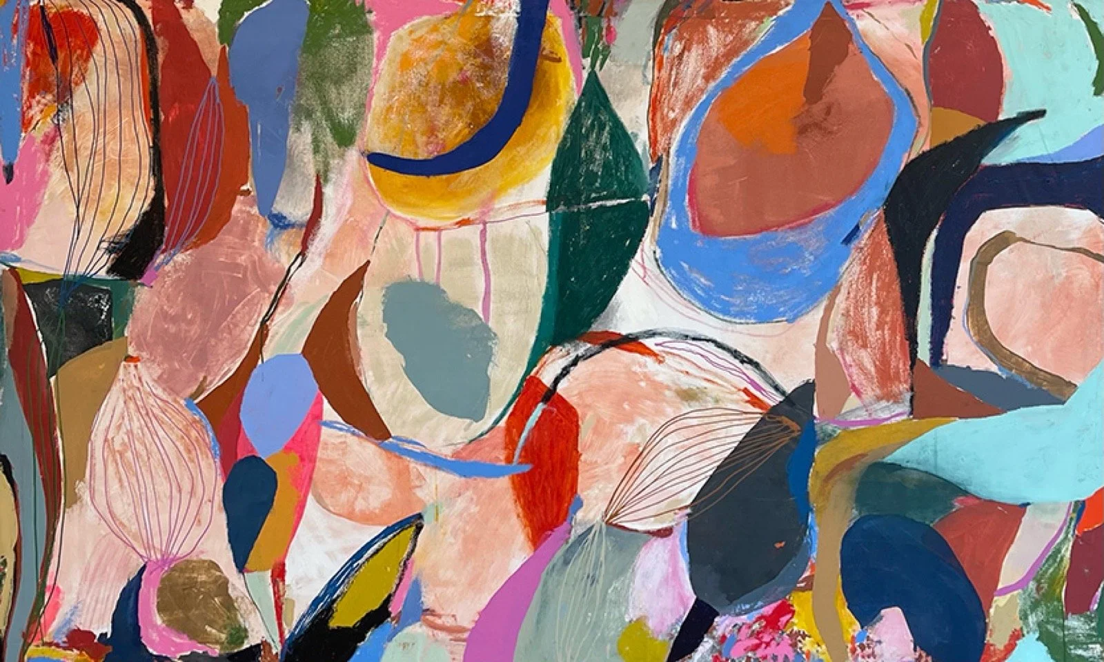 Heather Chontos, Kaleidoscope, 2023, Oil stick, acrylic, ink, chalk pastel, and watercolor on cotton canvas, 57 x 93.5 x 2 inches