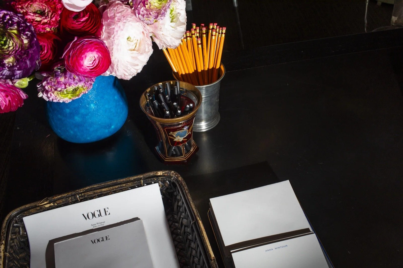 Landon Nordeman, Anna's Desk with Ranunculus, Vogue, New York City, 2019, Seeing Gardens, Edition 1 of 7, Archival Baryta Paper, 20 x 28 inches