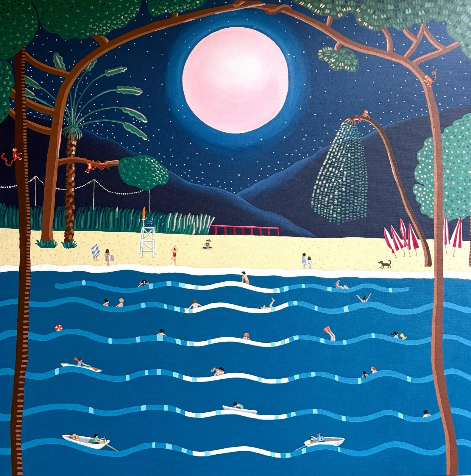 Leyla Pekmen, Monkey Bay, Pink Moon, 2026, Acrylic on canvas, 39 x 39 inches