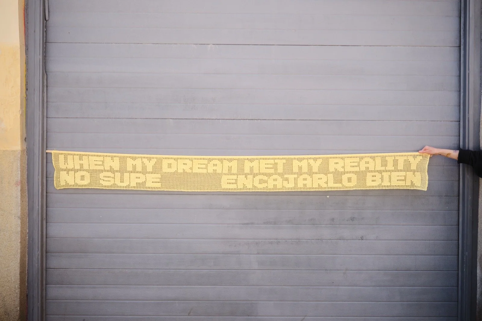 Maru Quiñonero, When My Dream, 2026, Crochet piece made with cotton yarn between Madrid and Mallorca, 10 x 96 inches