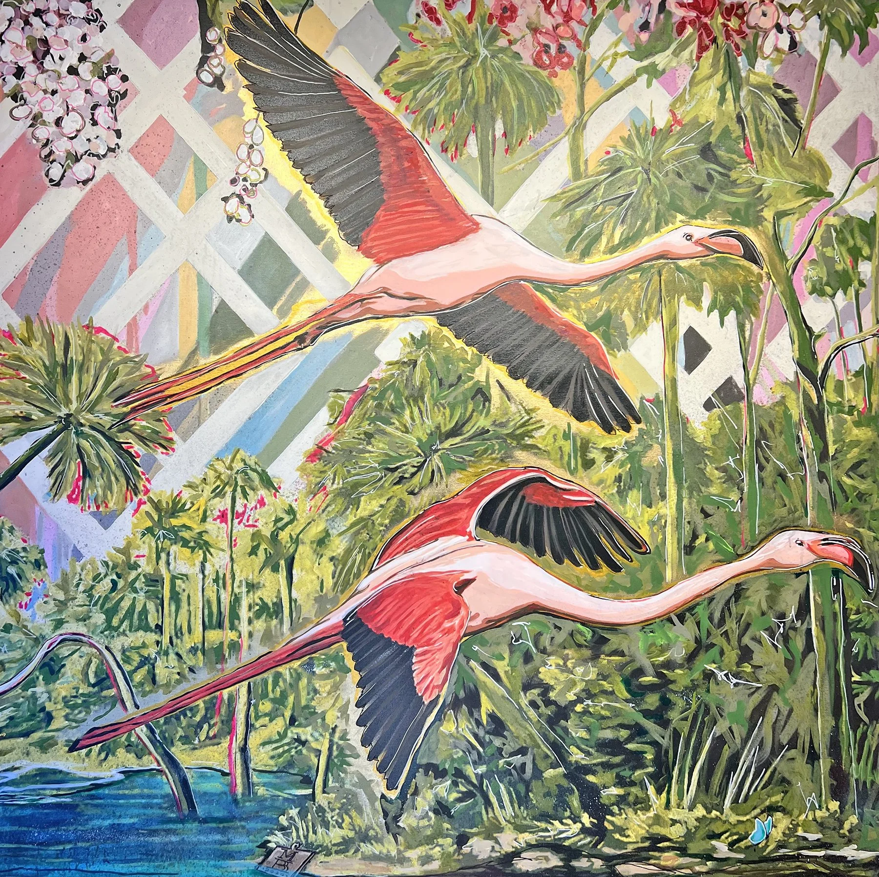 Mark Boomershine, Flamingo II, 2026, Mixed media on canvas, 60 x 60 inches 