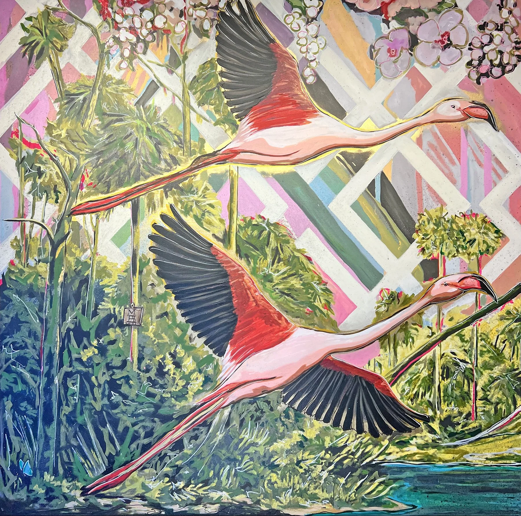 Mark Boomershine, Flamingo I, 2026, Mixed media on canvas, 60 x 60 inches 
