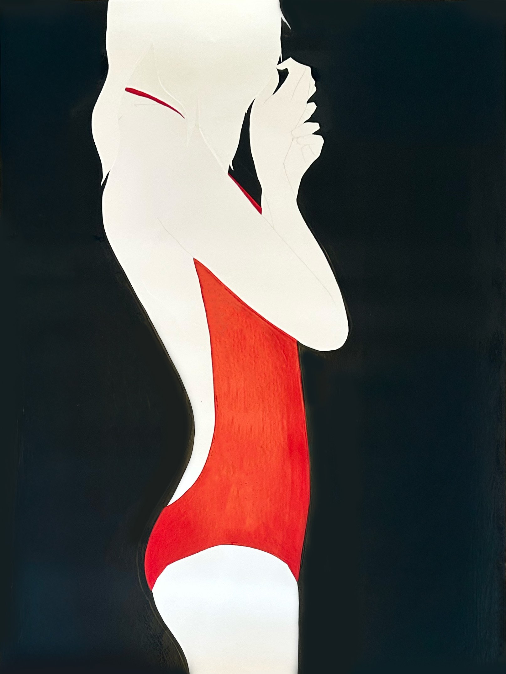 Natasha Law, Figure in Red and Black, 2026, Gloss on cartridge paper, 54 x 39.5 inches, 60 x 46 inches Framed