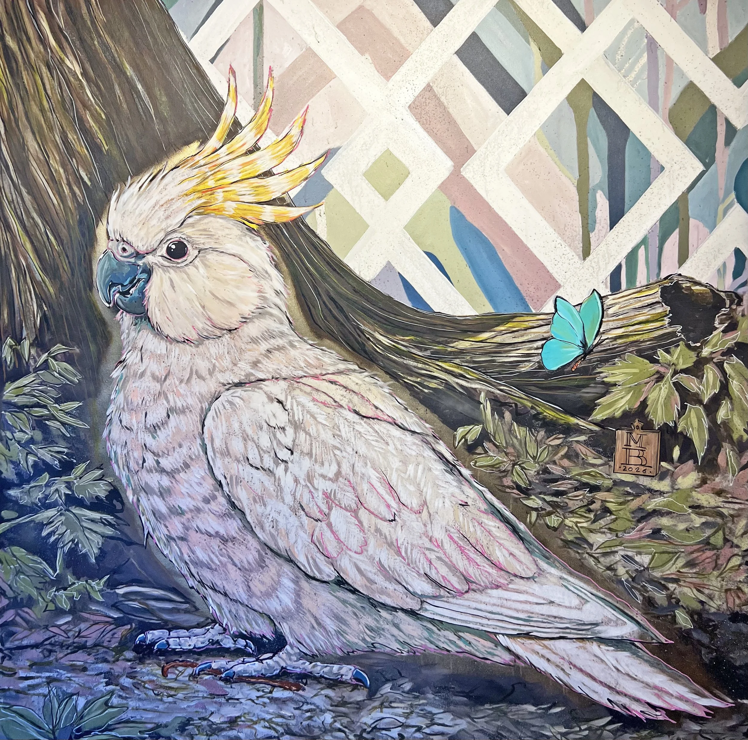 Mark Boomershine, Cockatoo, 2026, Mixed media on canvas, 60 x 60 inches