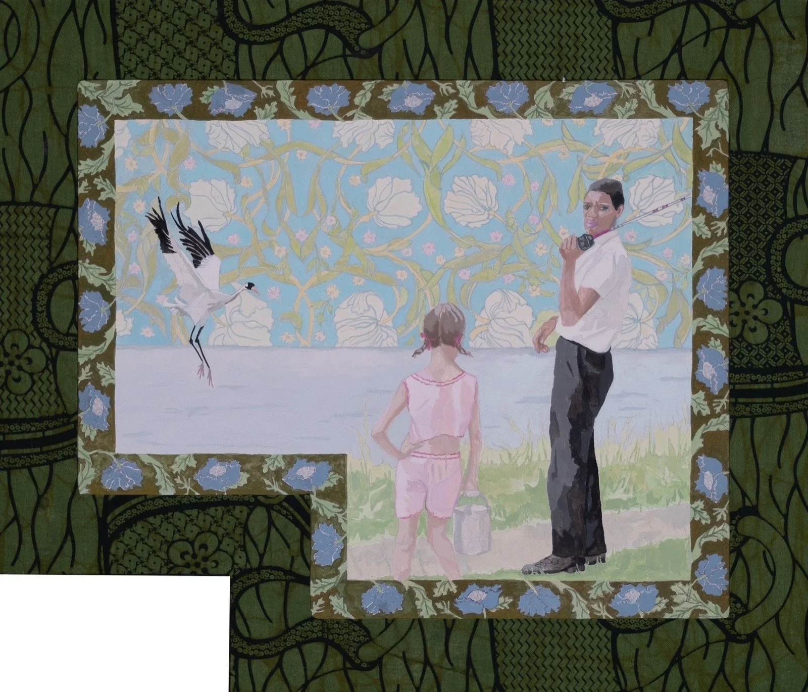 Ruth Owens, Whooping Crane, study, 2024, Casein on paper, Nigerian batik, 18 x 21 inches