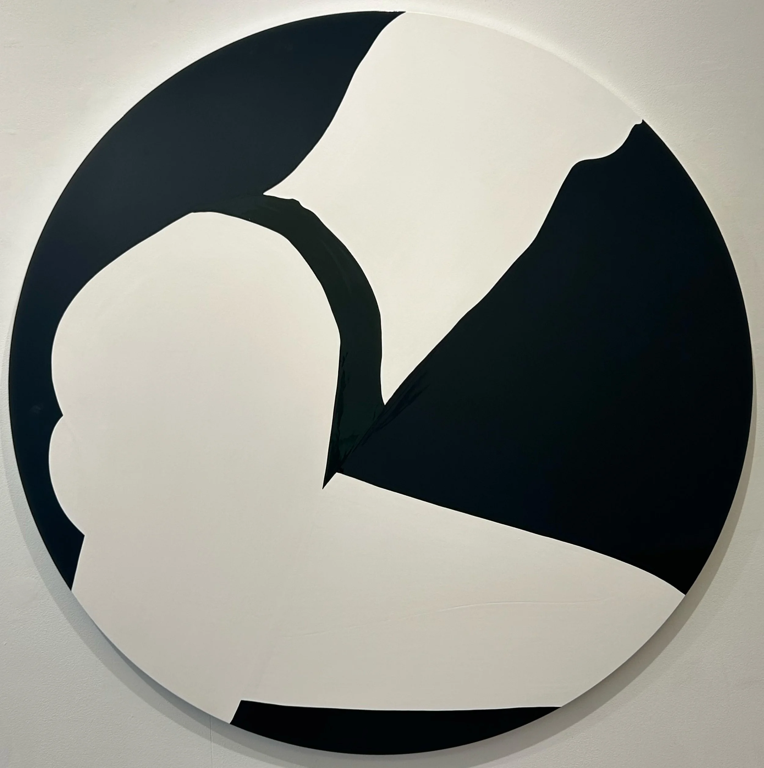 Natasha Law, Green Shape on Black, 2026, Gloss on aluminum, 49.2 inches in diameter