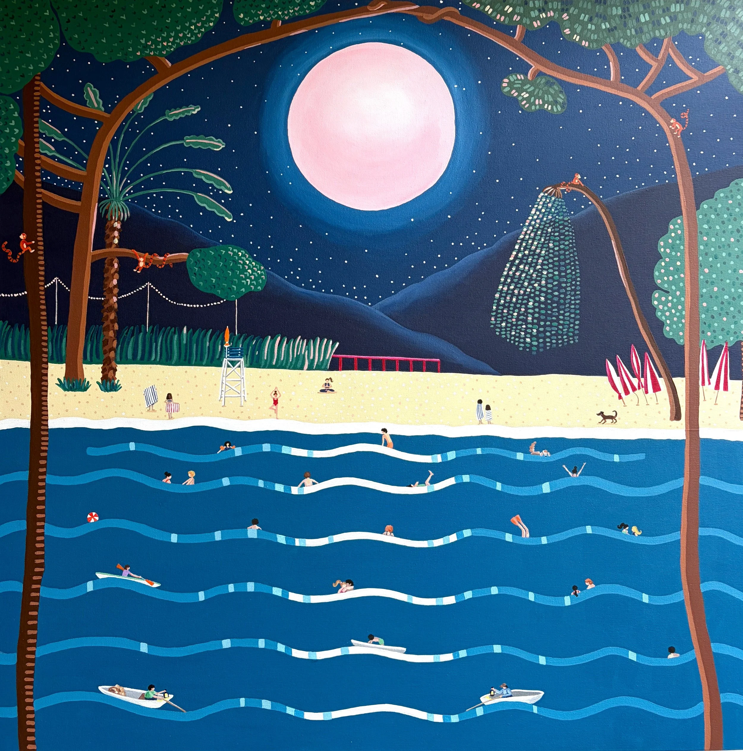 Leyla Pekmen, Monkey Bay, Pink Moon, 2026, Acrylic on Canvas, 39 × 39 in