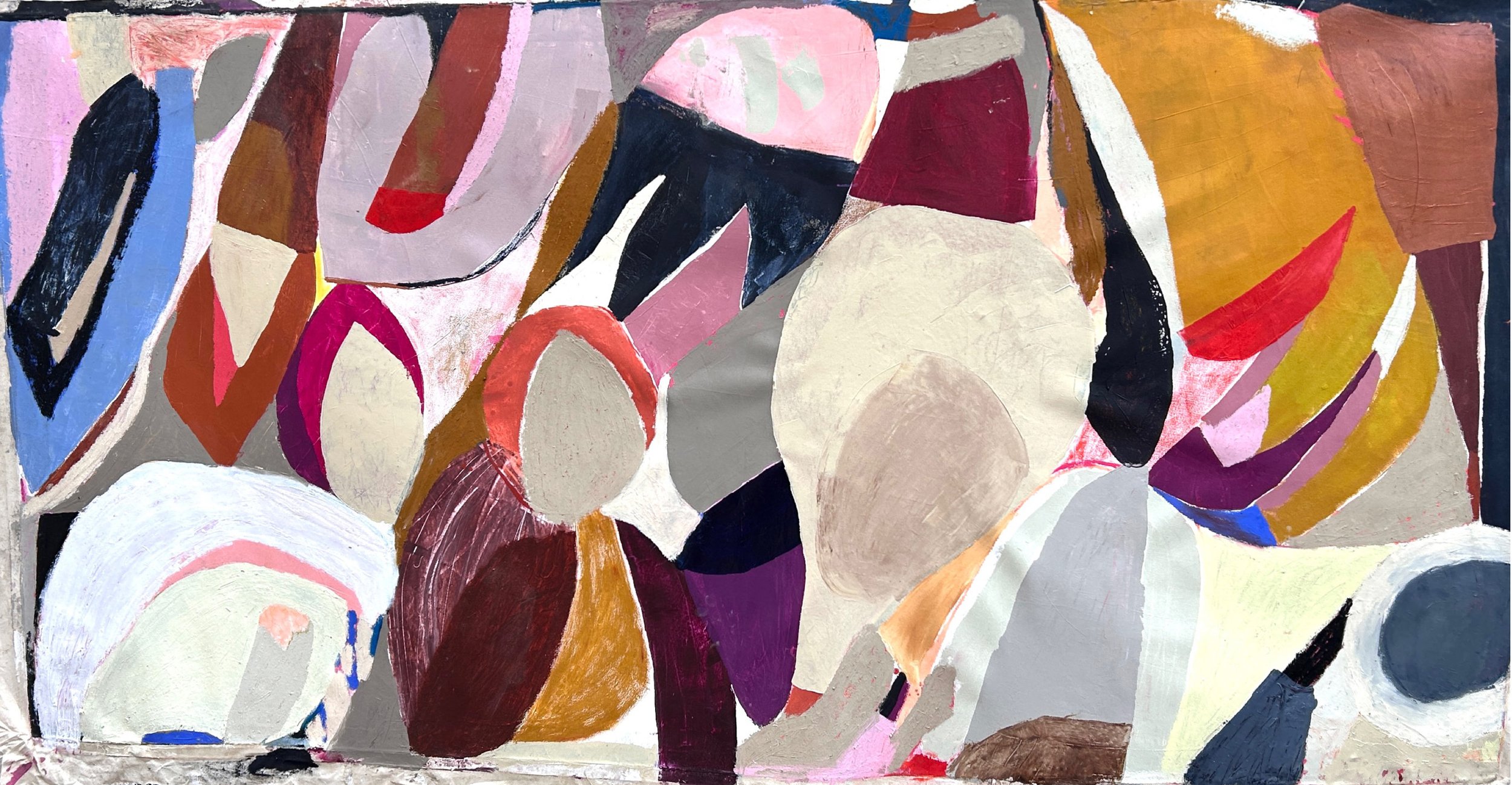 Ghosts, 2025, Oil, oil stick, acrylic, and pastel on linen, 55 x 102 x 1 inches