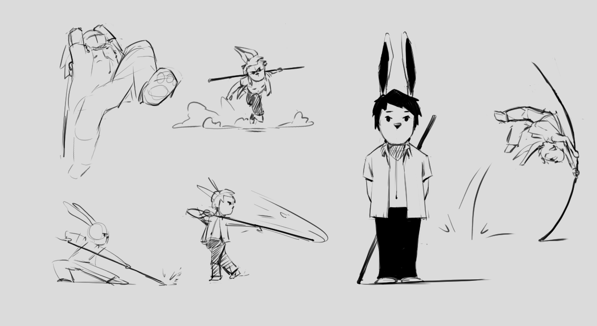 Sketches of characters with bunny ears, a boy with bunny ears, and characters wielding spears or bows, engaged in various actions.