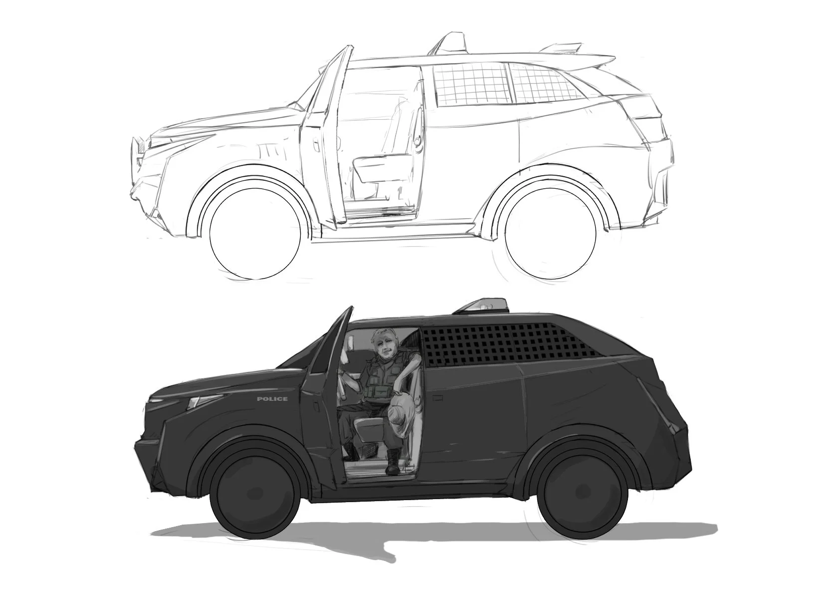 A comparison of two illustrations of a police SUV, with the top image being a sketch or outline and the bottom image a shaded, rendered version with a police officer inside.