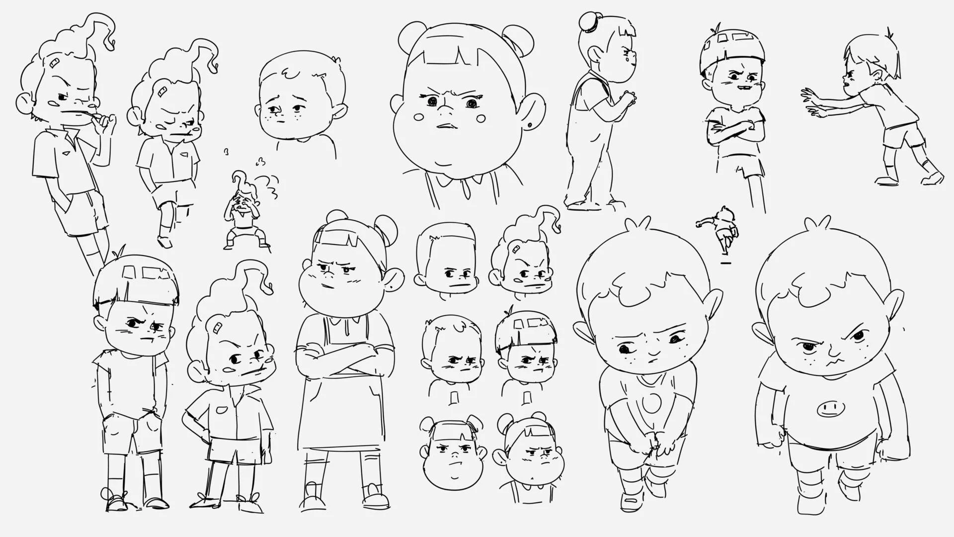 Black and white sketch of various cartoon children displaying different emotions and gestures. Some children are standing with arms crossed, others are making angry or sad faces, and one appears to be reaching out or pushing another. Several small he