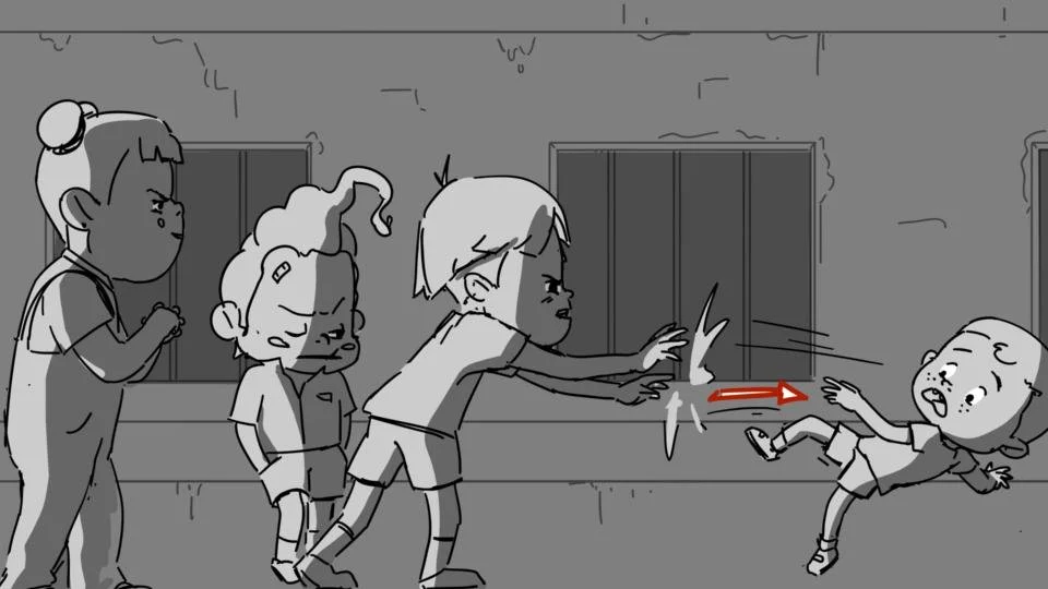 Four children are playing outside. The boy in the center is pushing another boy who is falling backward, with an angry expression. Three girls are observing, one with a neutral face, the second with a concerned expression, and the third with a frown.