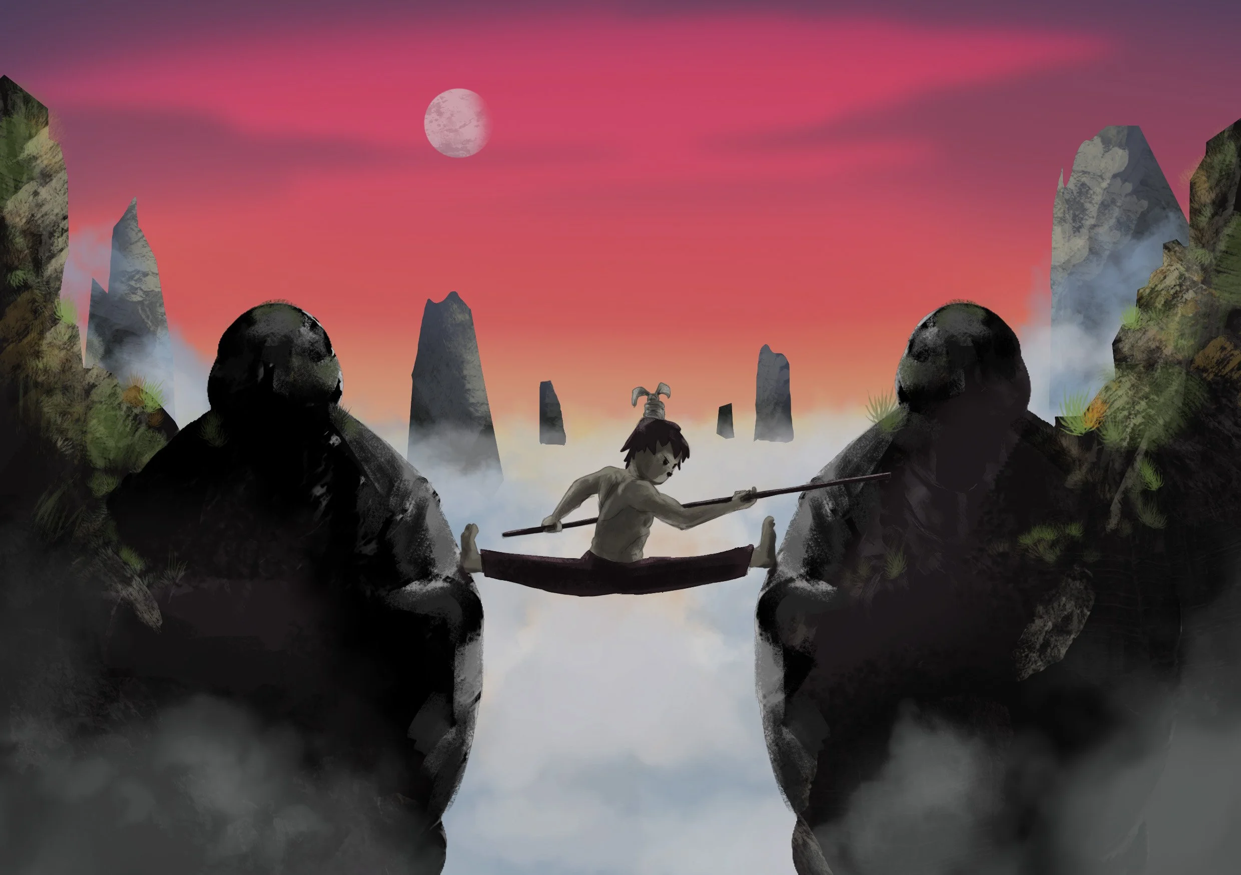 A surreal scene at sunset with a pink sky and a full moon. A boy with rabbit ears is balancing on a boat, using a stick to propel himself between two large rocky cliffs surrounded by mist. In the background, tall jagged rocks rise from the fog.