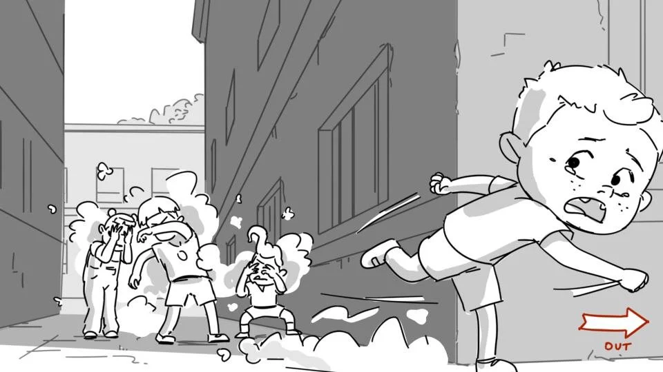 A cartoon scene of a small kid being pushed or knocked over in an alleyway by a group of three kids, while the kid falls with a surprised expression and outstretched arms, with an exit sign pointing right.