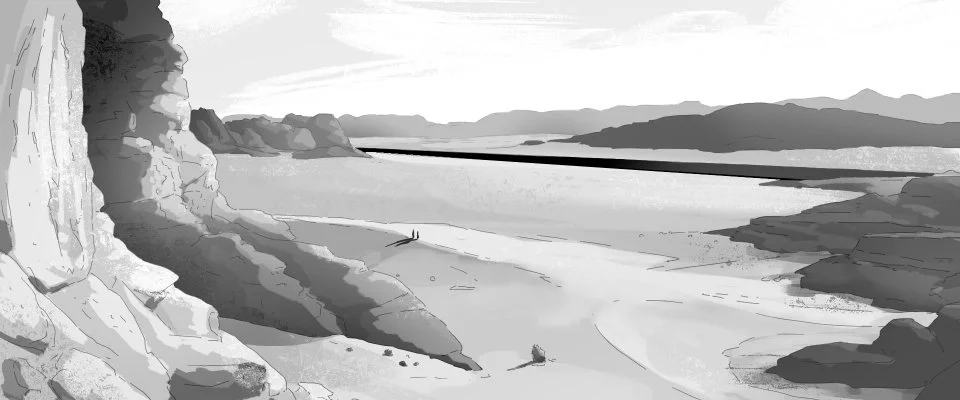 A black and white illustration of a desert landscape with cliffs on the left, a hot spring in the foreground, and mountains in the distance.