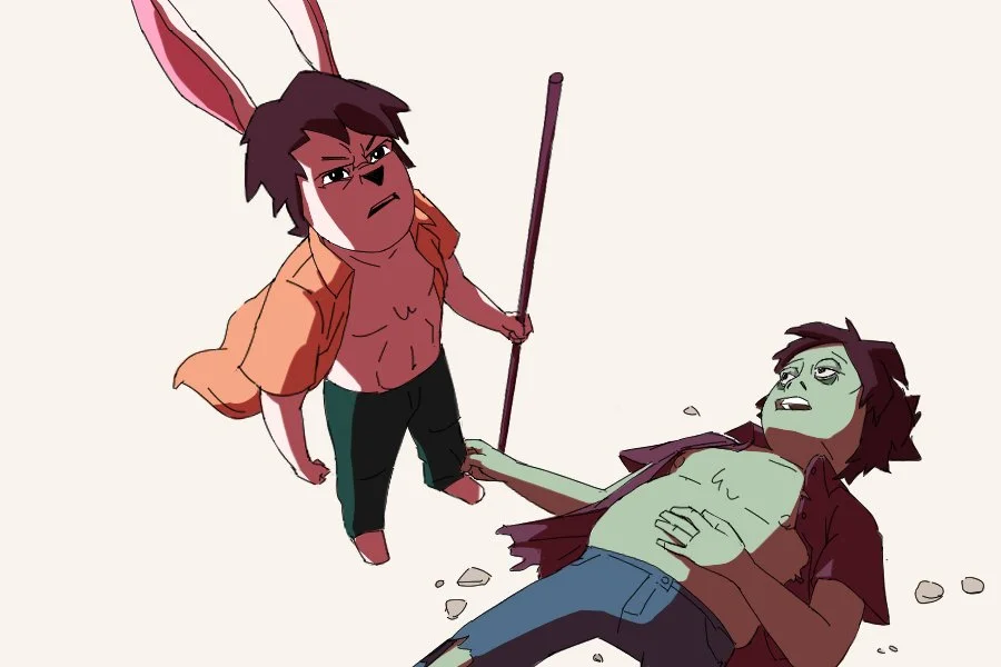 Animated illustration of a person with rabbit ears and a shirtless chest holding a staff, standing over a sickly-looking person lying on the ground. The person on the ground appears to be unwell, with green skin and disheveled hair.