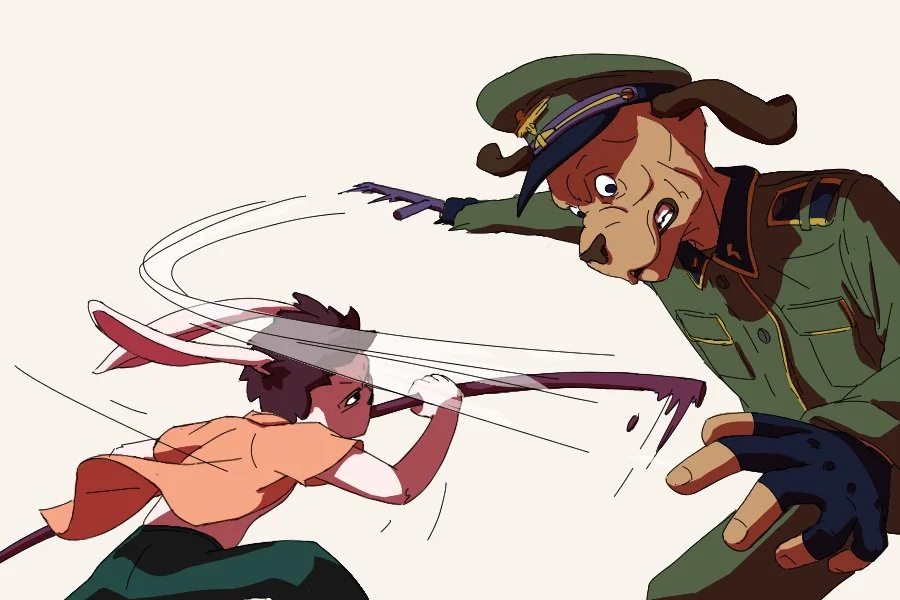 A cartoon dog dressed as a military officer is getting hit with a sword by a young person, both are in a dynamic action scene.