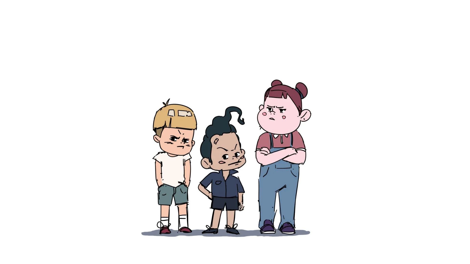 Three animated children standing with crossed arms and hands in their pockets, displaying serious or grumpy expressions against a white background.
