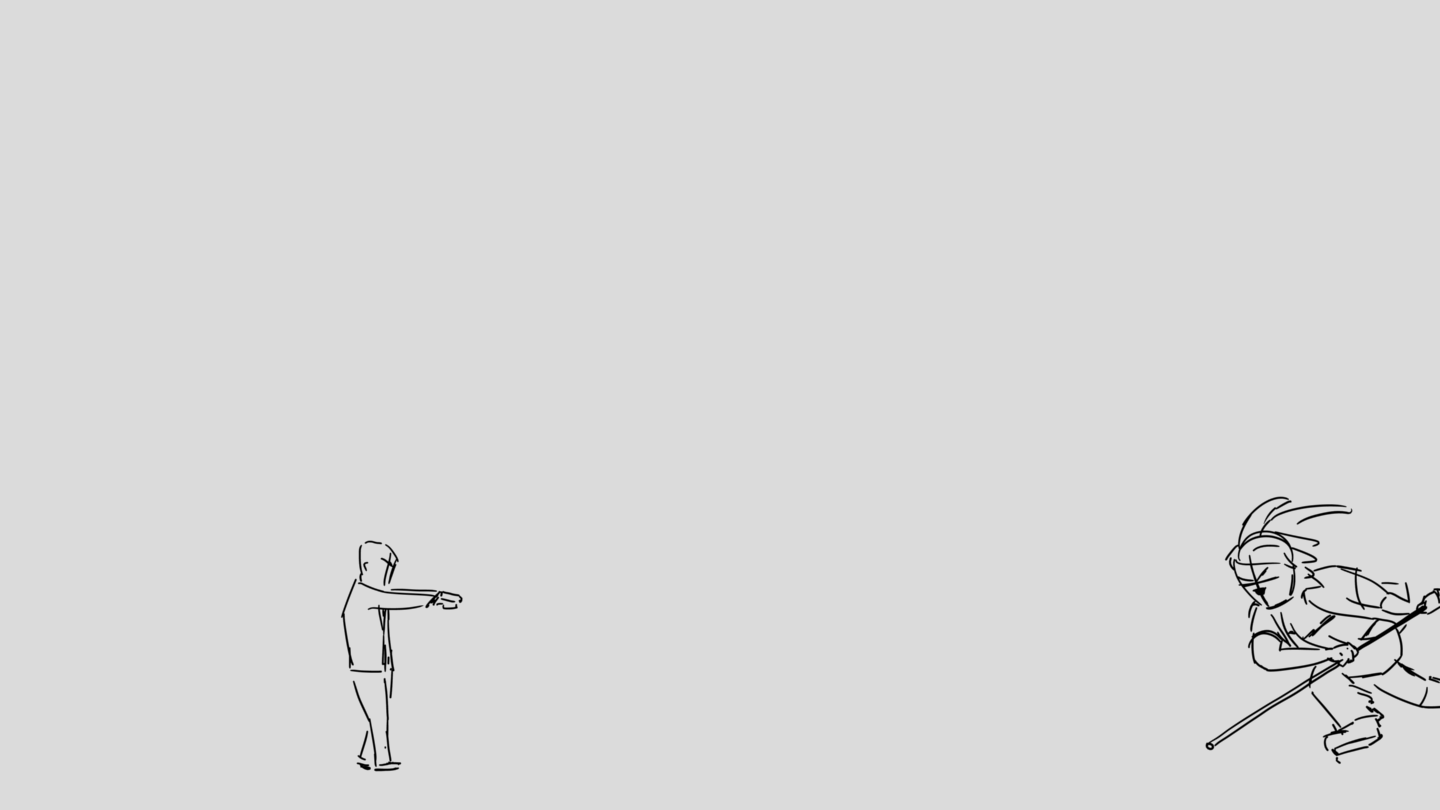 Line drawing of two people fighting, one on the left raising an arm and the other on the right wielding a stick and wearing a feathered headdress.