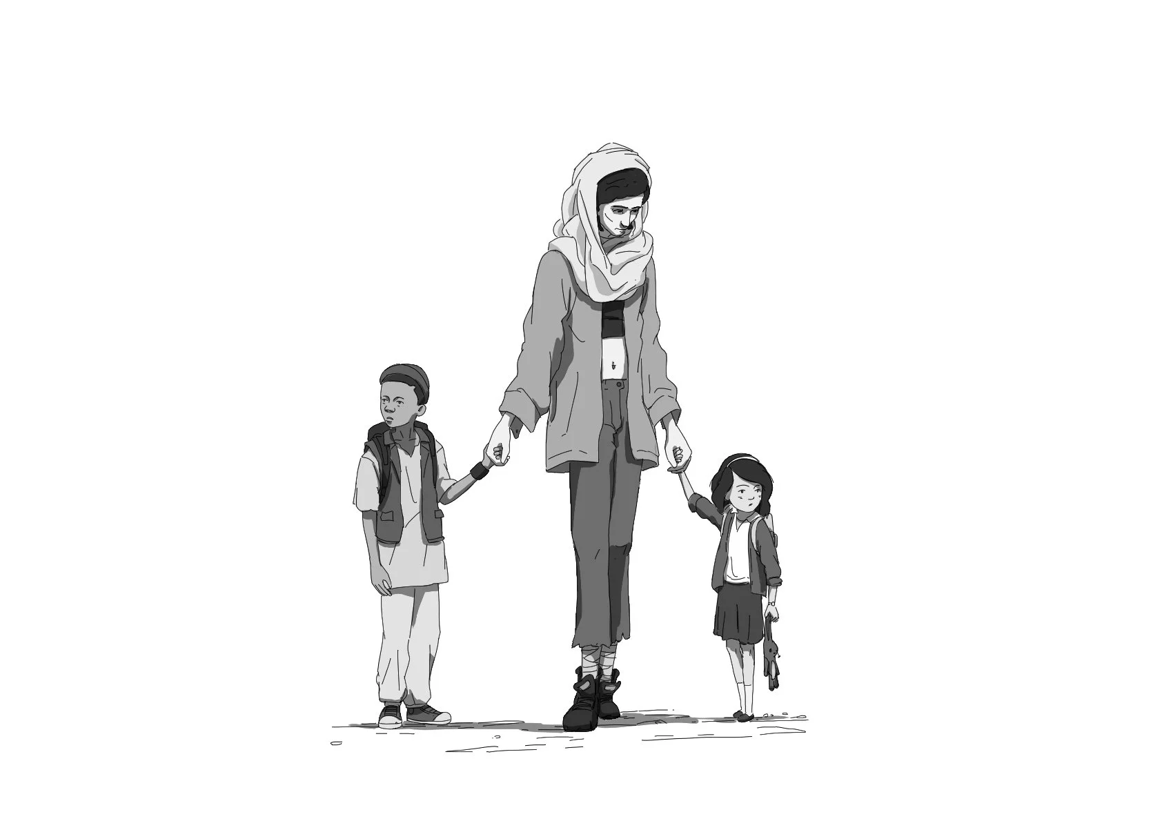 A woman walking with two children, holding their hands, in black and white illustration.
