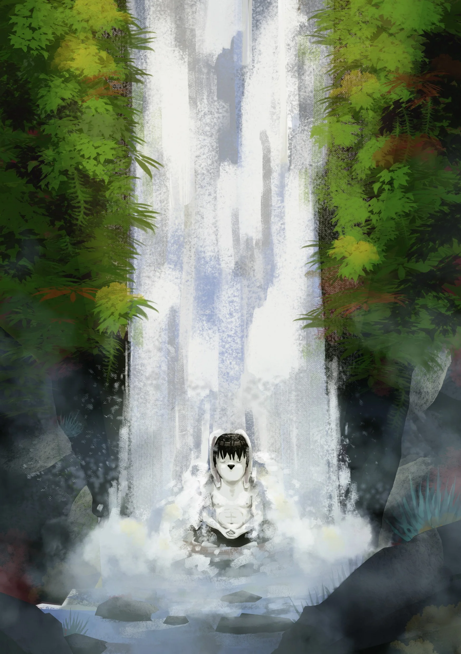 A person with long dark hair sits under a waterfall in a lush green forest, surrounded by rocks and mist.