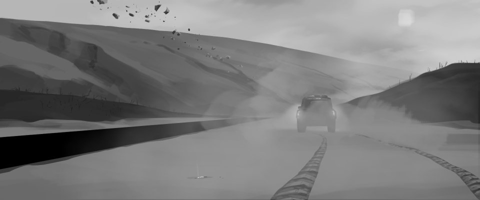 A black-and-white digital painting of a car driving on a winding road through mountains with flying debris and dust in the air.