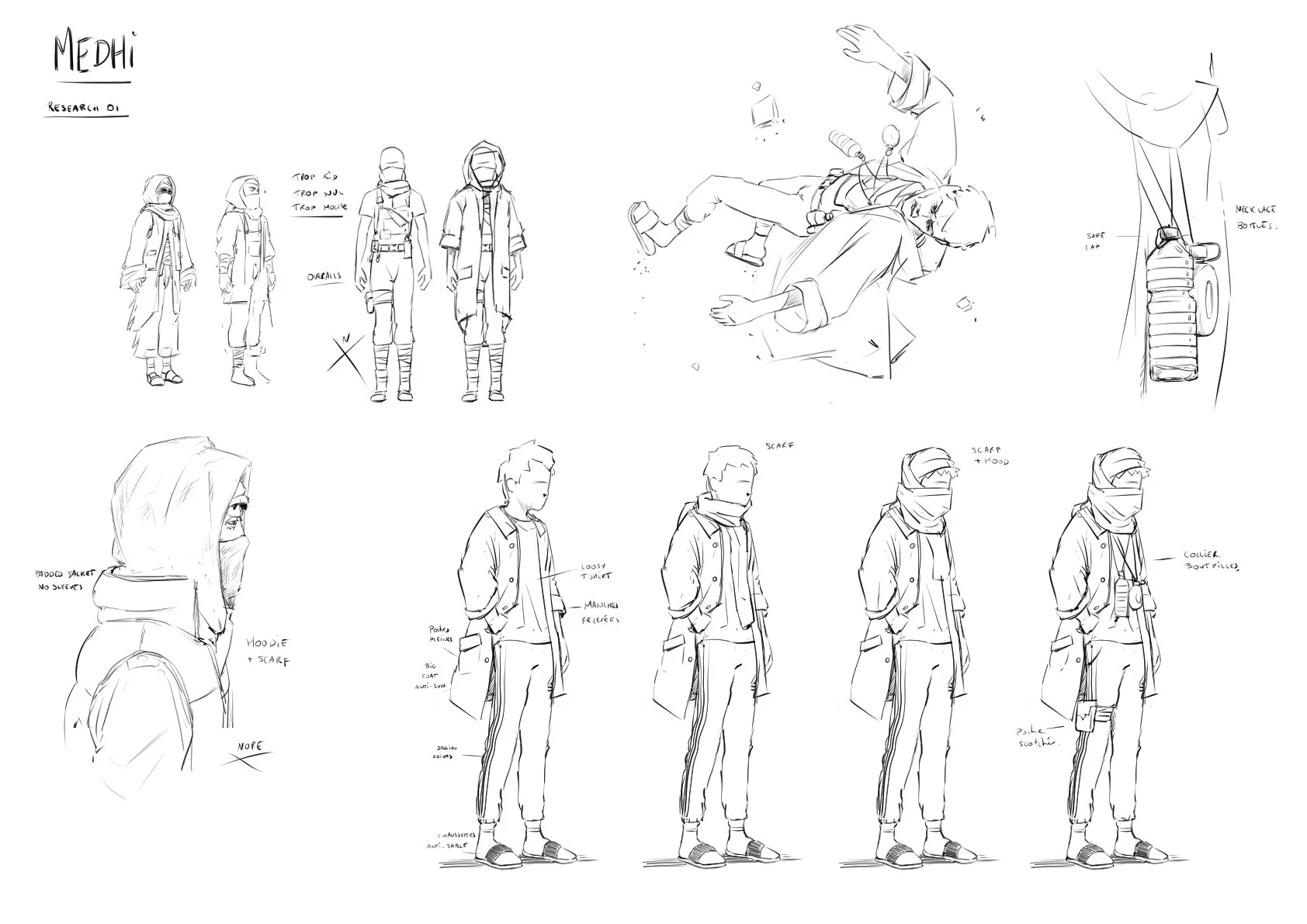Sketches of a character in various outfits and poses, including close-ups and notes on clothing details such as masks, scarves, jackets, and accessories. Scenes depict the character in action, lying on the ground, and standing in different styles.