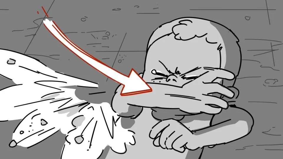 A cartoon child blocking an elbow hit from a flying punch with their arm, with an angry expression.