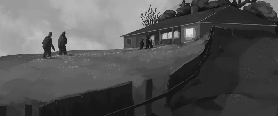 Two people walking on a snow-covered hill toward a house on a rocky hilltop, with a tree and a fence in the scene.