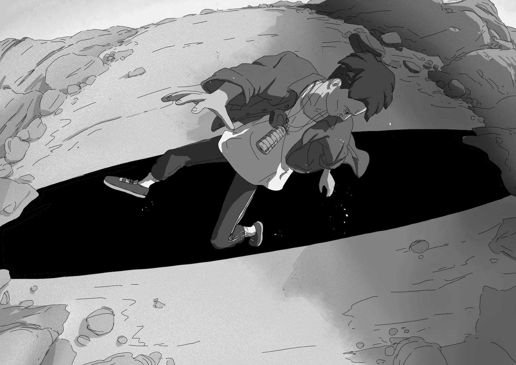 A person falling into a dark hole in the ground, surrounded by rocks and rough terrain.