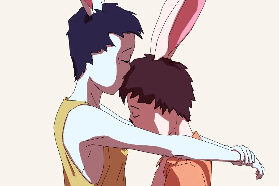 Two characters dressed as rabbits hugging each other, with one having blue hair and the other with brown hair.