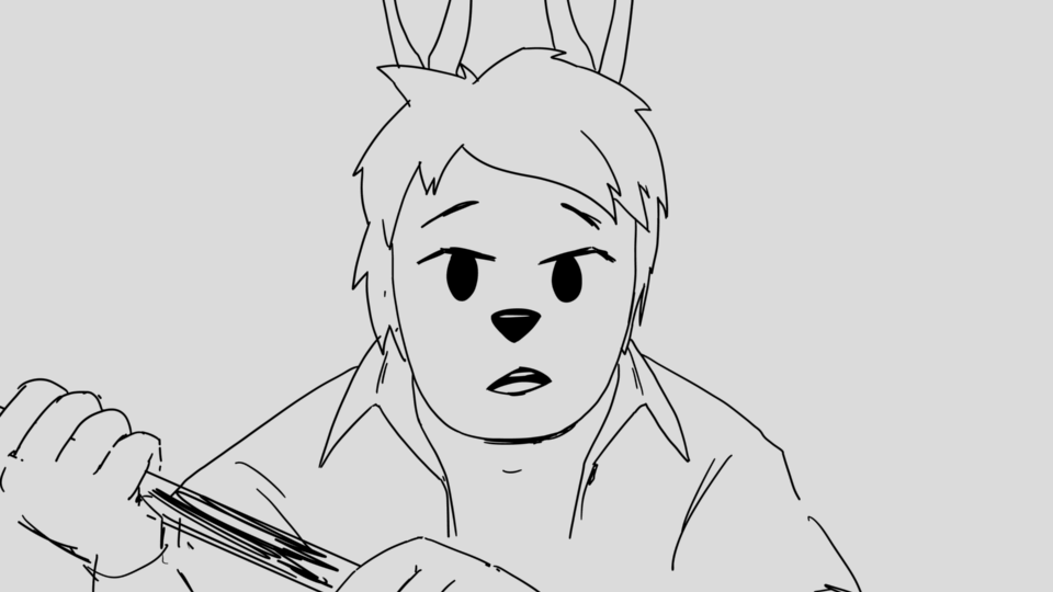 Line drawing of a person with animal ears and nose, holding chopsticks, with a surprised expression.