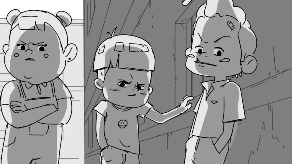 Three children with confident and confrontational expressions, one with arms crossed, one touching another child's chest, and the third with hands in pockets, standing against a wooden wall.