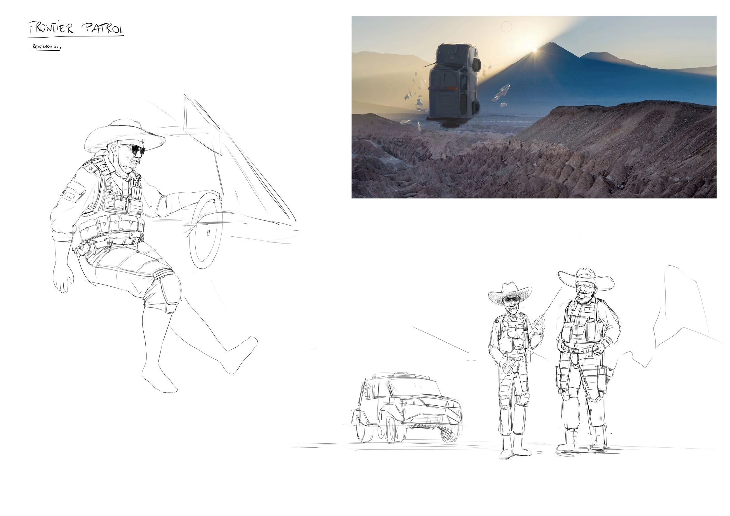 Sketches of frontier patrol scenes with soldiers in tactical gear, a vehicle, and a mountainous landscape with a spaceship or futuristic aircraft flying above.