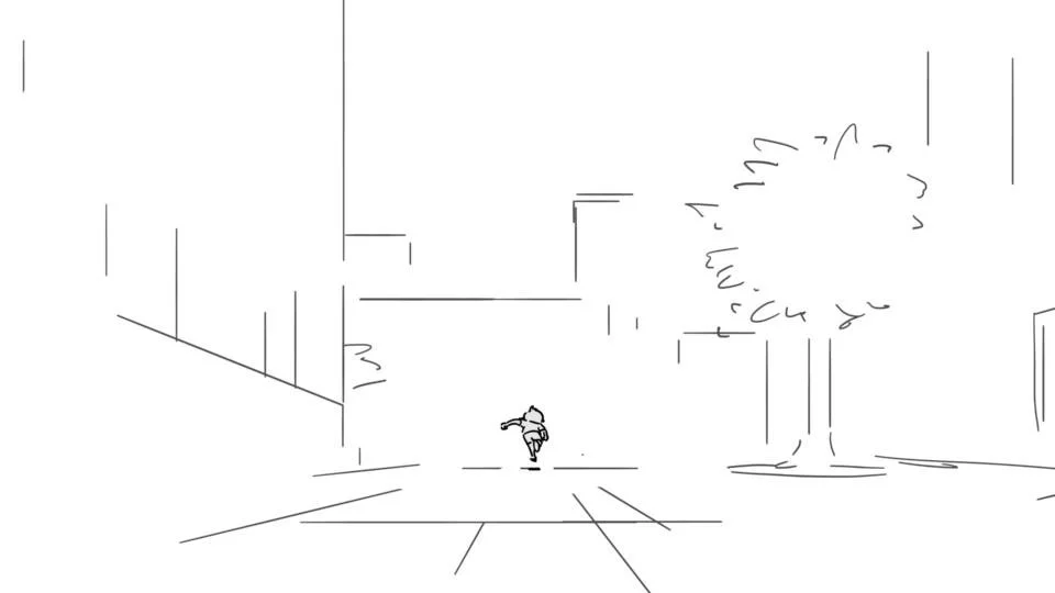 A simple sketch of a person walking in an urban city street with tall buildings, trees, and wide pavement.