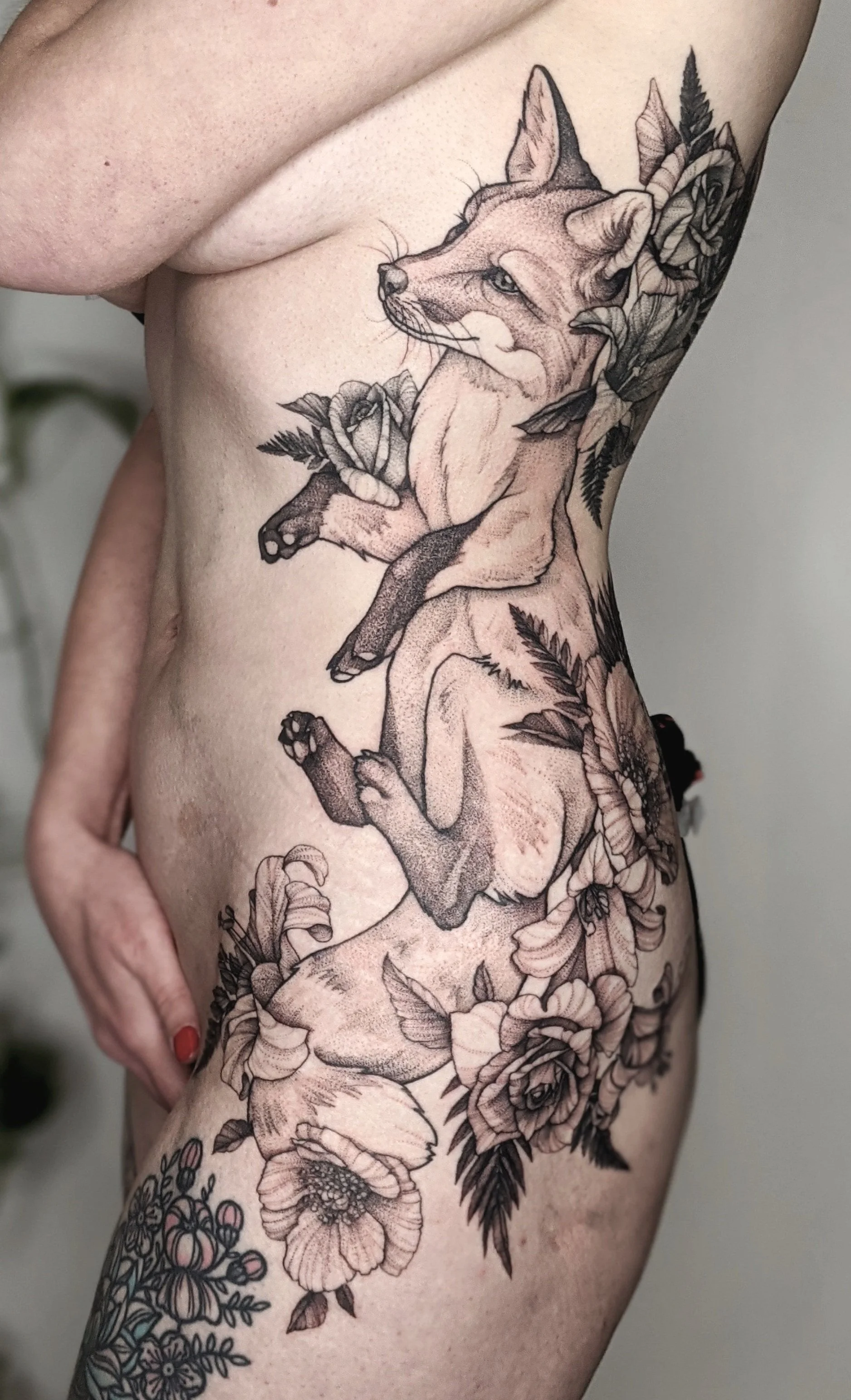 Tatouage d'un renard entier avec des fleurs et de la végétation sur toute les côtes et hanches d'une personne.jpg