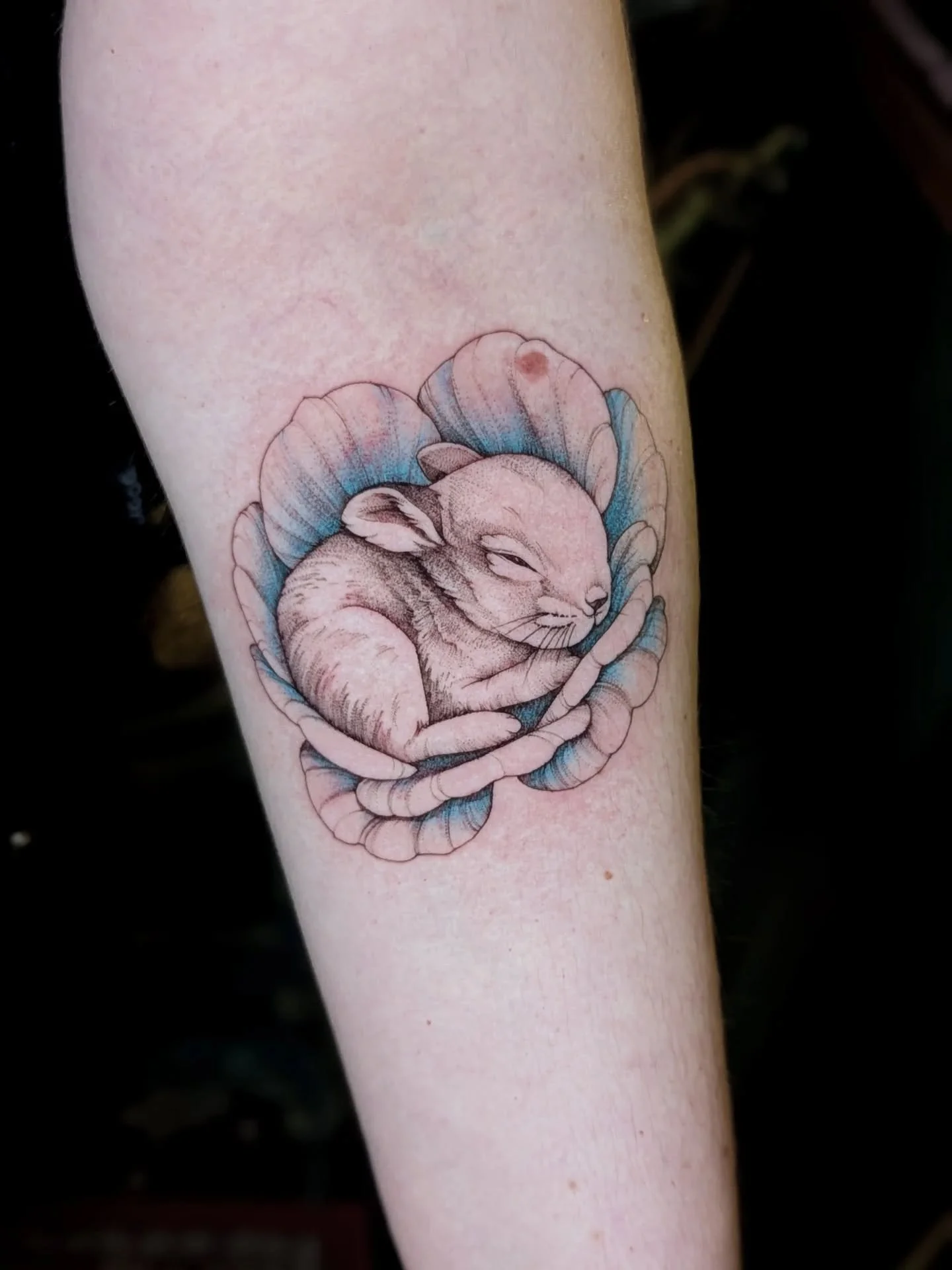 This sleepy rabbit from my flash sheet found its perfect home

The original design was black and grey, but Mariana wanted to add some soft blue tones to the flower petals. Those gentle color gradients make the whole piece feel even more dreamy and gi