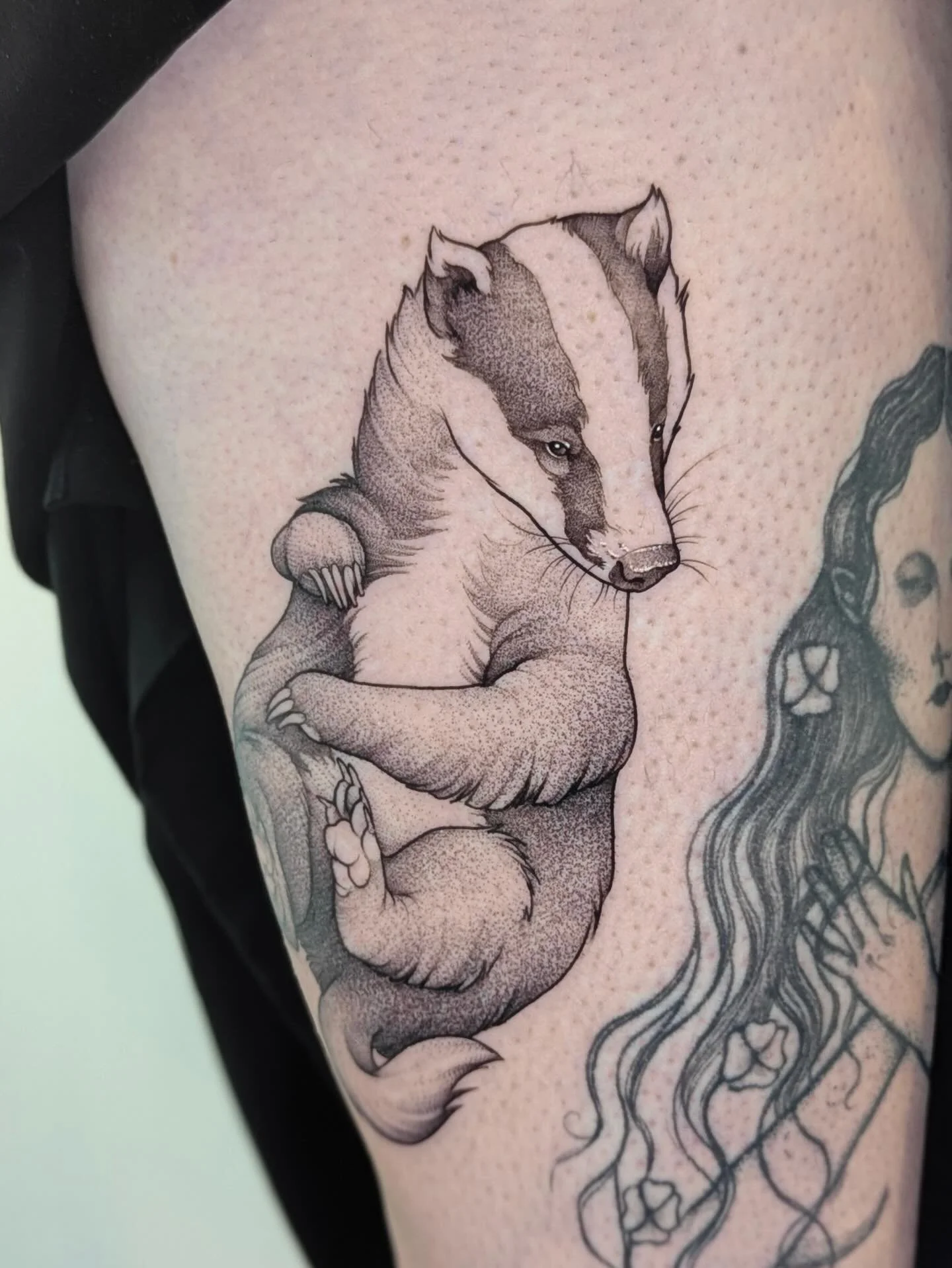 For this custom piece, we focused entirely on the badger itself, no botany, no extra motifs, just its raw, expressive nature.
A huge thank you to @mimesis.paris for the wonderful guest spot, and to Chlo&eacute; for such a beautiful project!

Project 