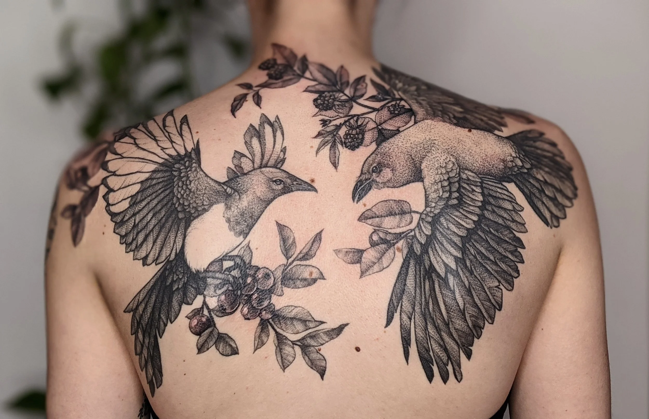 tatouage de pie de de corbeau avec du feuillage et des baies sur un dos.jpg