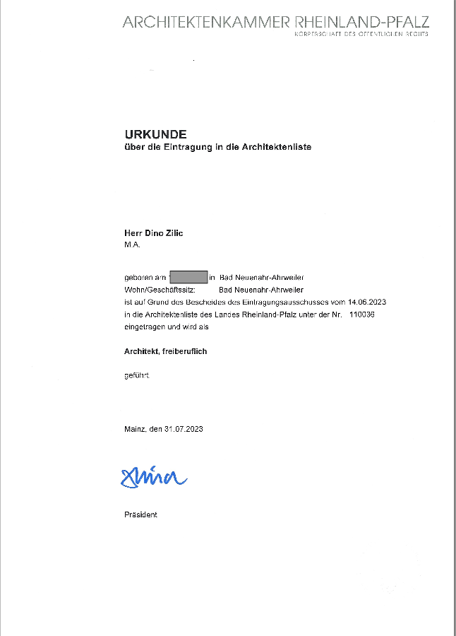 Urkunde Architektenkammer Rheinland-Pfalz