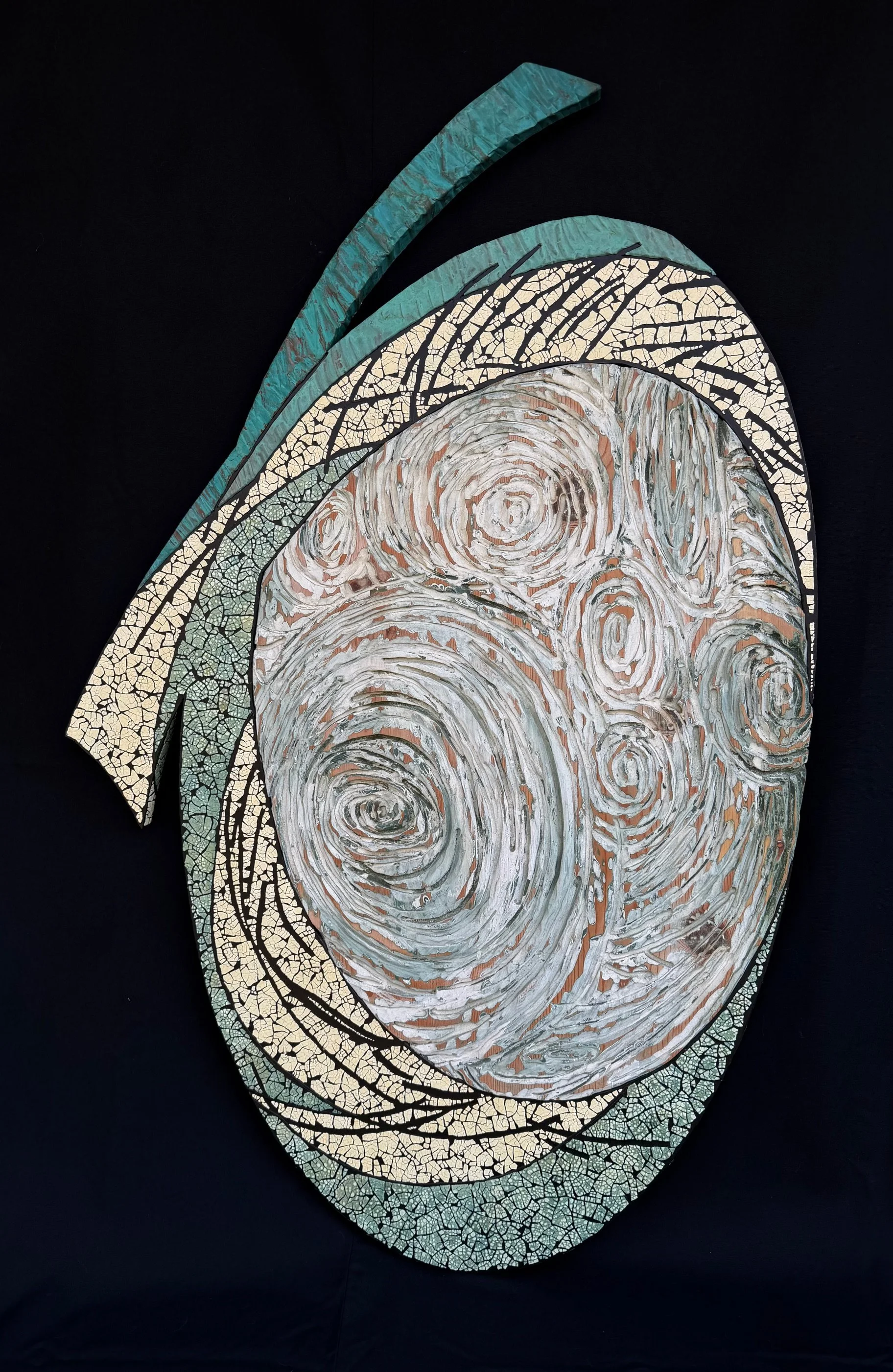 “Rain Song”; Casein, Eggshell, Wood, Copper; 52”H x 33” W x 1”D; 1993
