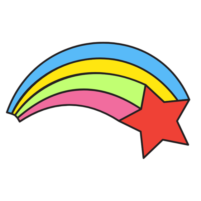 Colorful rainbow with five bands in pink, green, yellow, blue, and purple, ending in a large red star on the right side.